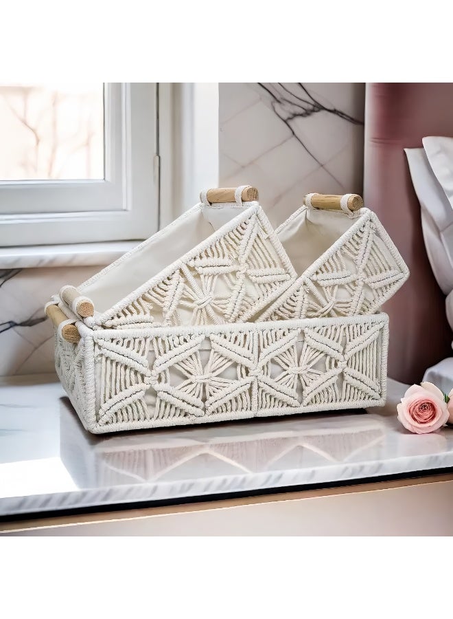 طقم من 2 سلال تخزين معقودة يدويًا بمقابض خشبية - للحمام والمنضدة والديكور المنزلي (كبير وصغير) - Image 4